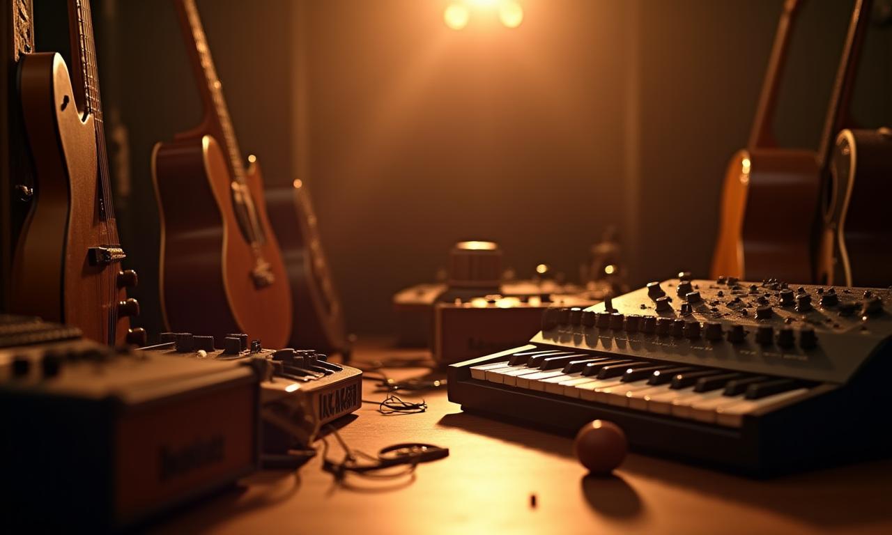A collection of beautifully lit musical instruments in a warm studio setting