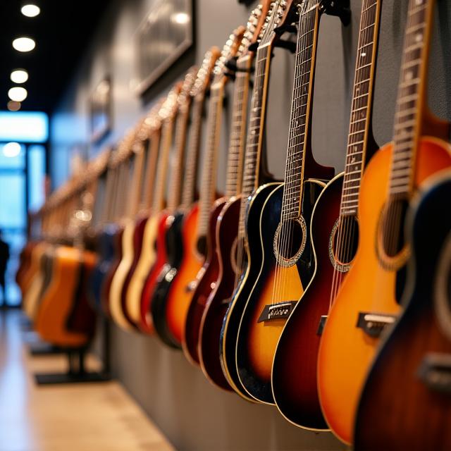 A wall of electric and acoustic guitars in the Melody Mint shop