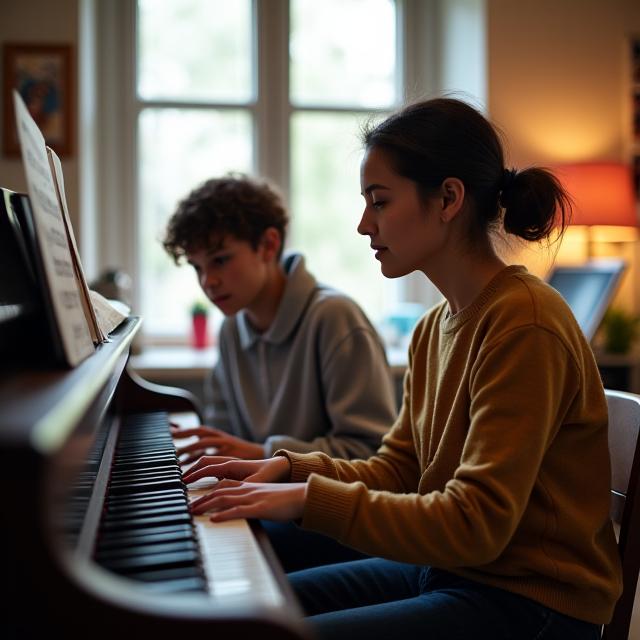 A piano student receiving instruction from a teacher