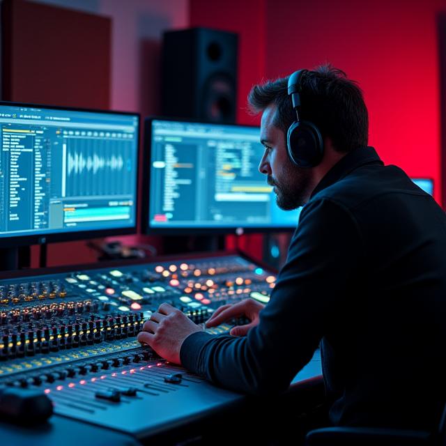 A sound engineer adjusting a mixing console in a recording studio