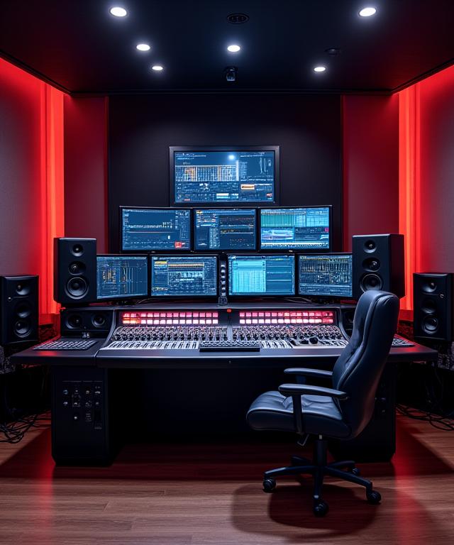 The control room of the Melody Mint recording studio with mixing desk and monitors