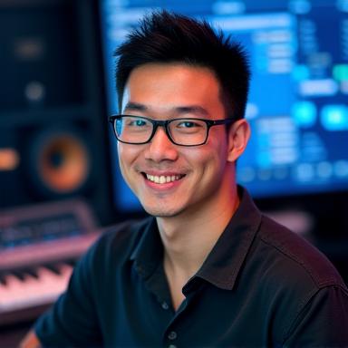 Professional headshot of Sam Chen, drums and music production tutor