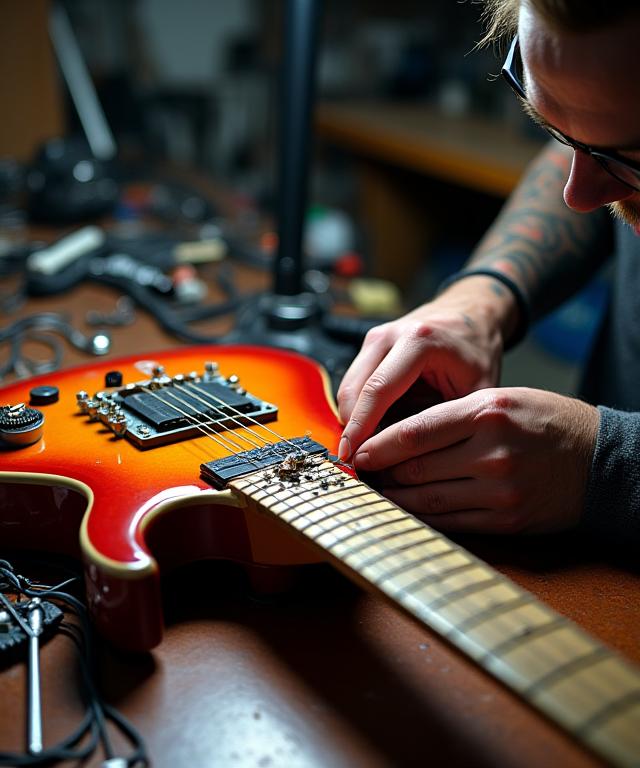 A technician carefully working on the electronics of an electric guitar at a workbench